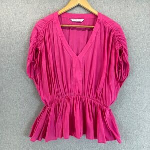 Trina Turk Hot Pink Peplum Blouse V-Neck Tie Sleeve Top Ruched Preppy Size M / L